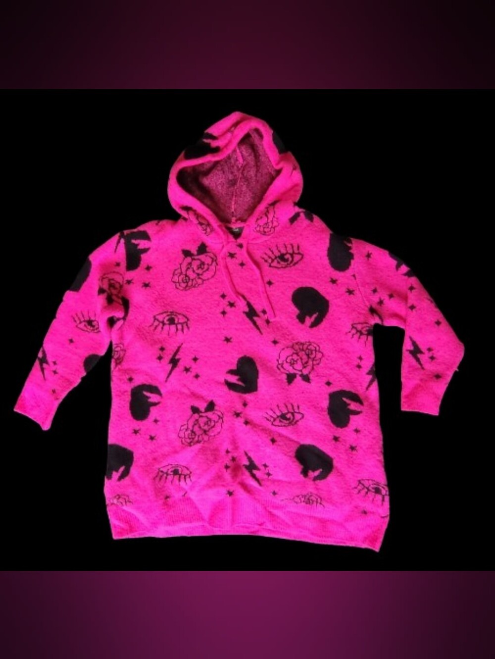 Women's Hot Pink Hooded Pullover, Black Graphic Punk Prints, LOVESICK SIZE 1X
